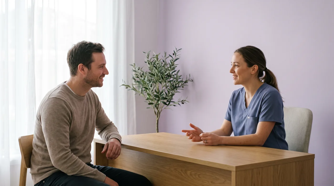 A patient and a clinician talking across a desk in a bright consultation room with a pale lavender wall