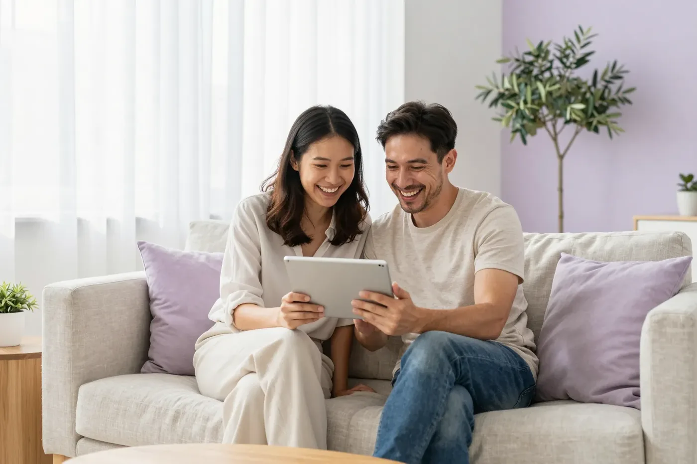 Two people sitting together on a pale sofa, laughing as they look at a tablet held between them