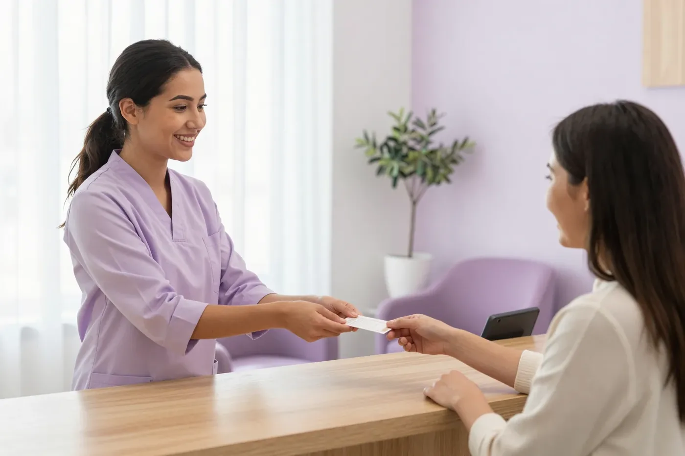 A patient taking a card from a clinic receptionist across a pale oak counter in a bright reception with a lavender wall